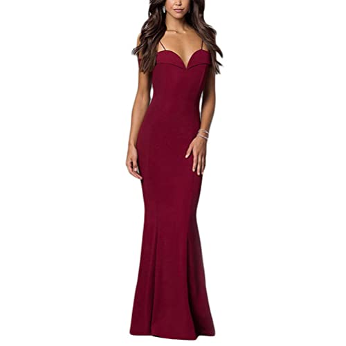 Tomwell Damen Kleider Fischschwanz Langes Kleid Ballkleid Sexy Formelle Brautjungfer Meerjungfrau Elegante Kleider V-Ausschnitt Schlanke Maxi Beach Hochzeit Midirock Z Weinrot M von Tomwell