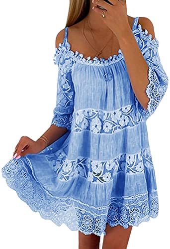 Tomwell Damen Kleider Kurzarm Boho V-Ausschnitt Elegant A-Linie Kleid Halfter Blumenkleid Quaste Spitze Tunika Strandkleid Lose MaxiKleid Cocktailkleid E Blau M von Tomwell