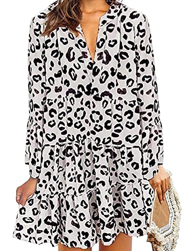 Tomwell Damen Kleider Strand Elegant Casual A-Linie Kleid Langarm Sommerkleider Boho V-Ausschnitt Quaste Tunika Mini Kleider L Weiß XXL von Tomwell