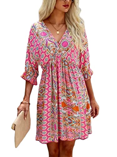 Tomwell Damen Kleider Strand Elegant Casual A-Linie Kleid Langarm Sommerkleider Boho V-Ausschnitt Quaste Tunika Mini Kleider P Rosa M von Tomwell