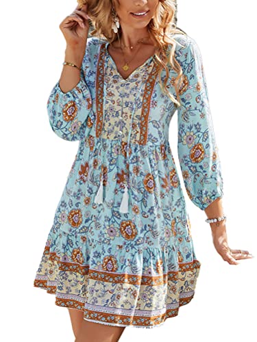 Tomwell Damen Kleider Strand Elegant Casual A-Linie Kleid Langarm Sommerkleider Boho V-Ausschnitt Quaste Tunika Mini Kleider R Blau XXL von Tomwell