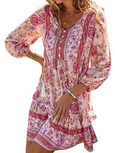 Tomwell Damen Kleider Strand Elegant Casual A-Linie Kleid Langarm Sommerkleider Boho V-Ausschnitt Quaste Tunika Mini Kleider R Rosa M von Tomwell