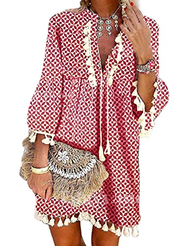 Tomwell Damen Kleider Strand Elegant Casual A-Linie Kleid Langarm Sommerkleider Boho V-Ausschnitt Quaste Tunika Vintage Böhmen Mini Kleider Strandkleid A Rot 3XL von Tomwell