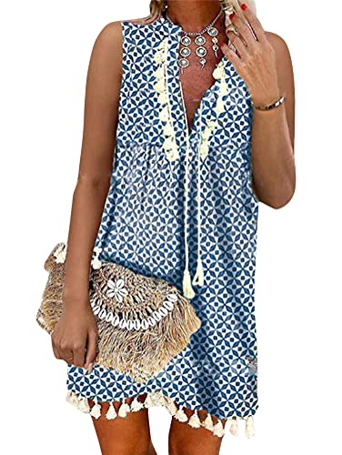 Tomwell Damen Kleider Strand Elegant Casual A-Linie Kleid Langarm Sommerkleider Boho V-Ausschnitt Quaste Tunika Vintage Böhmen Mini Kleider Strandkleid K Blau XL von Tomwell