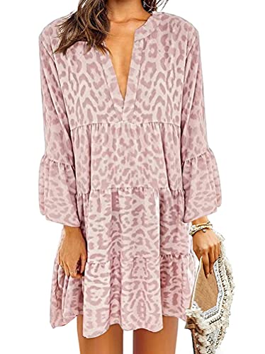 Tomwell Damen Kleider Strand Elegant Casual A-Linie Kleid Langarm Sommerkleider Boho V-Ausschnitt Quaste Tunika Vintage Böhmen Mini Kleider Strandkleid L Rosa M von Tomwell