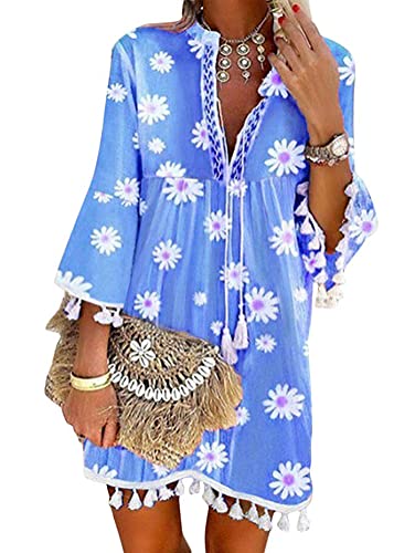 Tomwell Damen Kleider Strand Sommerkleider Elegant Casual A-Linie Kleid Langarm Drucken Boho V-Ausschnitt Quaste Spitze Tunika Mini Kleider B Blau XXL von Tomwell