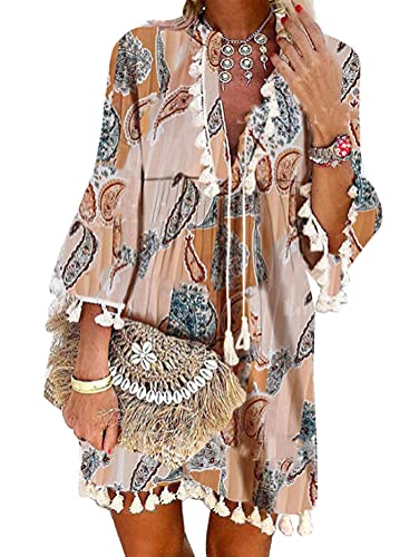 Tomwell Damen Kleider Strand Sommerkleider Elegant Casual A-Linie Kleid Langarm Drucken Boho V-Ausschnitt Quaste Spitze Tunika Mini Kleider E Khaki XL von Tomwell