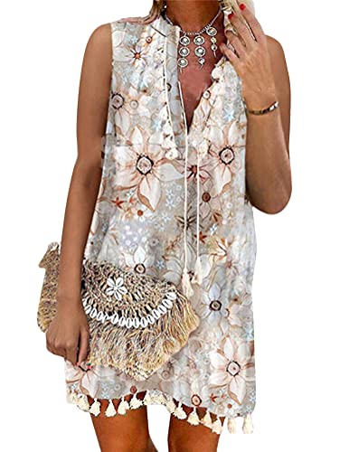 Tomwell Damen Kleider Strand Sommerkleider Elegant Casual A-Linie Kleid Langarm Drucken Boho V-Ausschnitt Quaste Spitze Tunika Mini Kleider I Weiß S von Tomwell