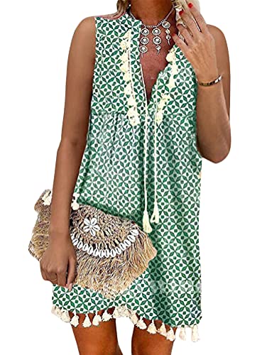 Tomwell Damen Kleider Strand Sommerkleider Elegant Casual A-Linie Kleid Langarm Drucken Boho V-Ausschnitt Quaste Spitze Tunika Mini Kleider K Grün XS von Tomwell