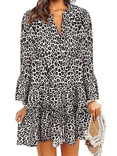 Tomwell Damen Kleider Strand Sommerkleider Elegant Casual A-Linie Kleid Langarm Drucken Boho V-Ausschnitt Quaste Spitze Tunika Mini Kleider L Leopard M von Tomwell