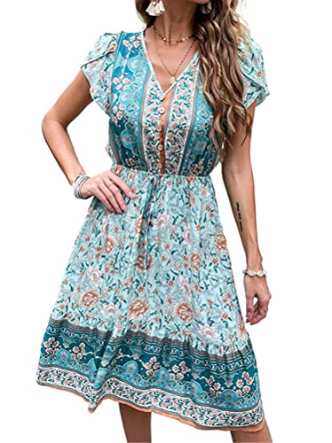 Tomwell Damen Kleider Strand Sommerkleider Elegant Casual A-Linie Kleid Langarm Drucken Boho V-Ausschnitt Quaste Spitze Tunika Mini Kleider T Grün M von Tomwell