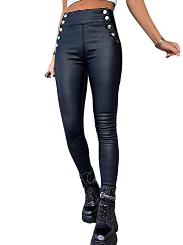 Tomwell Damen Kunstleder Casual Mode Hose Herbst Winter Skinny Stretch Jeans High Waist Strumpfhose Leggings Hosen mit Reißverschluss A Schwarz L von Tomwell