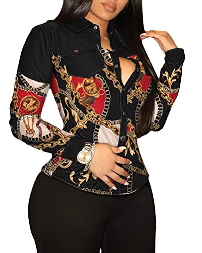 Tomwell Damen Kunstleder Langarm Button Down Shirt Einfarbige Revers Bluse Top Herbst Party Clubwear B Gold S von Tomwell