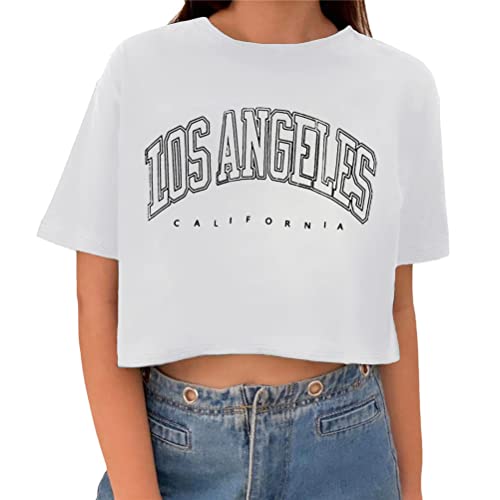 Tomwell Damen Kurzarm Crop Top Shirt Bauchfrei Sportshirt Sommer Kurzarm Grafikdruck Shirt Tunika Lose Rundhals Crop Tshirt Frauen Bluse Oberteile für Teen Girls Sommer A Weiß L von Tomwell