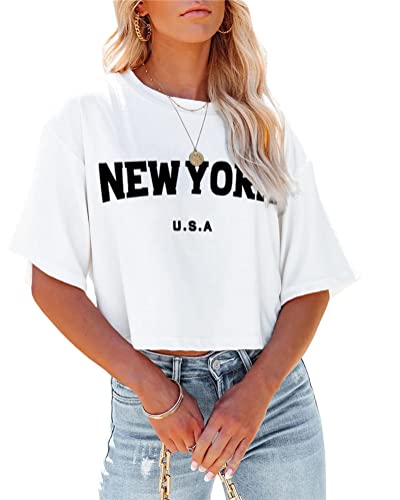 Tomwell Damen Kurzarm Crop Top Shirt Bauchfrei Sportshirt Sommer Kurzarm Grafikdruck Shirt Tunika Lose Rundhals Crop Tshirt Frauen Bluse Oberteile für Teen Girls Sommer Z Weiß L von Tomwell