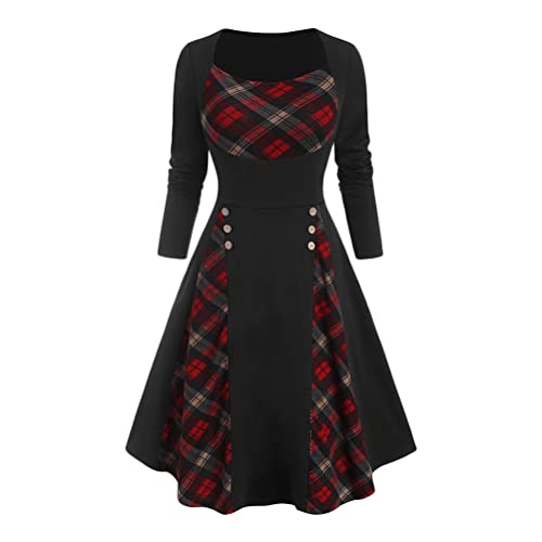 Tomwell Damen Langarm Kleid Vintage Elegante Rockabilly Kleid A-line Kariertes Patchworkkleid Knielang Swing Cocktailkleid Abendkleider Partykleid A Rot L von Tomwell
