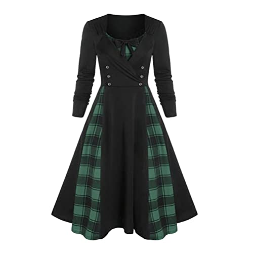 Tomwell Damen Langarm Kleid Vintage Elegante Rockabilly Kleid A-line Kariertes Patchworkkleid Knielang Swing Cocktailkleid Abendkleider Partykleid B Grün 3XL von Tomwell