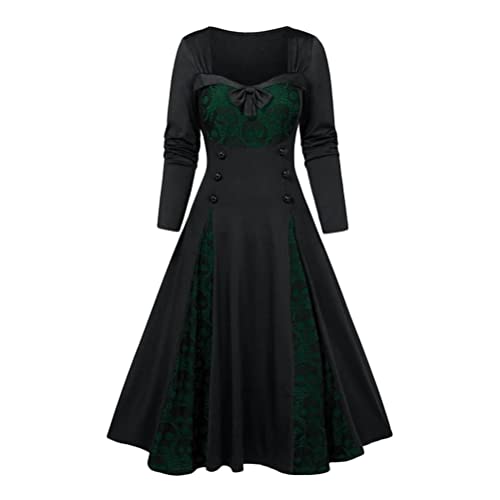 Tomwell Damen Langarm Kleid Vintage Elegante Rockabilly Kleid A-line Kariertes Patchworkkleid Knielang Swing Cocktailkleid Abendkleider Partykleid C Grün 3XL von Tomwell