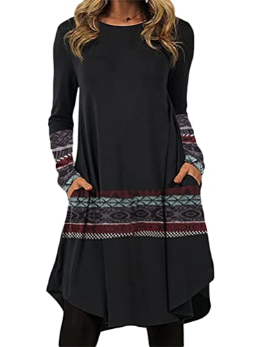 Tomwell Damen Langarm Minikleid Rundhals Langarm A-Linie Herbstkleid Lose Unregelmäßiger Saum Kleider mit Tasche A Schwarz XXL von Tomwell