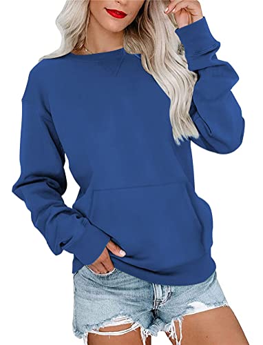 Tomwell Sweatshirt Damen Basic Rundhals Langarmshirt Herbst Winter Langarm Pullover Casual Lose Leicht Oberteile mit Tasche Shirts Elegante Tops ohne Kapuze Bluse A Blau XXL von Tomwell