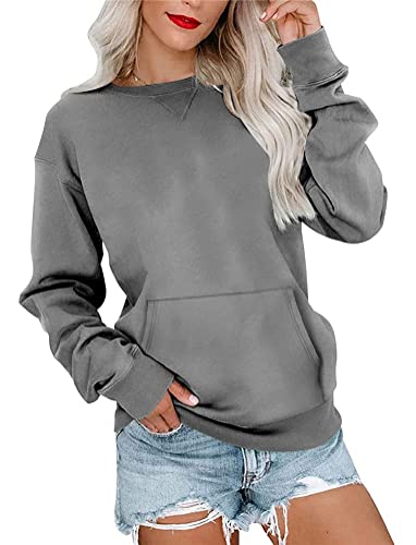 Tomwell Sweatshirt Damen Basic Rundhals Langarmshirt Herbst Winter Langarm Pullover Casual Lose Leicht Oberteile mit Tasche Shirts Elegante Tops ohne Kapuze Bluse A Grau XL von Tomwell