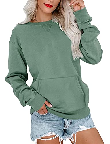 Tomwell Sweatshirt Damen Basic Rundhals Langarmshirt Herbst Winter Langarm Pullover Casual Lose Leicht Oberteile mit Tasche Shirts Elegante Tops ohne Kapuze Bluse A Grün L von Tomwell