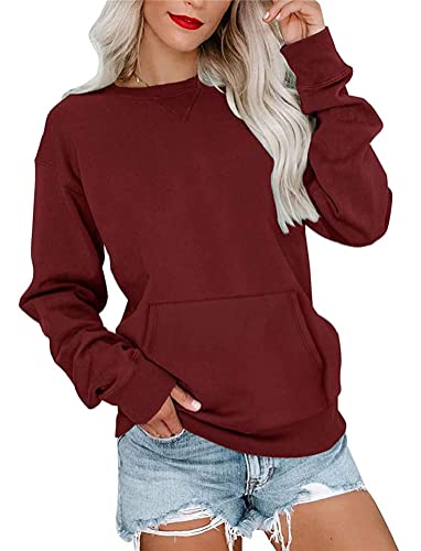 Tomwell Sweatshirt Damen Basic Rundhals Langarmshirt Herbst Winter Langarm Pullover Casual Lose Leicht Oberteile mit Tasche Shirts Elegante Tops ohne Kapuze Bluse A Rot M von Tomwell