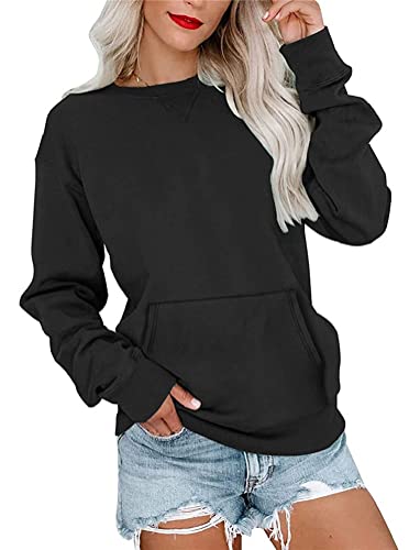 Tomwell Sweatshirt Damen Basic Rundhals Langarmshirt Herbst Winter Langarm Pullover Casual Lose Leicht Oberteile mit Tasche Shirts Elegante Tops ohne Kapuze Bluse A Schwarz M von Tomwell