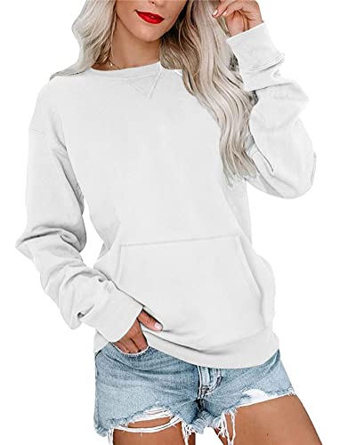 Tomwell Sweatshirt Damen Basic Rundhals Langarmshirt Herbst Winter Langarm Pullover Casual Lose Leicht Oberteile mit Tasche Shirts Elegante Tops ohne Kapuze Bluse A Weiß L von Tomwell