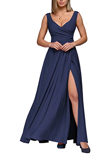 Tomwell Damen Langarm V-Ausschnitt Kleider Elegant Lang Kleid A-Linie Party Prom Dress Hochzeit Ballkleid Plissee Maxi Partykleid Cocktailkleid Brautkleid Festkleider B Dunkelblau L von Tomwell
