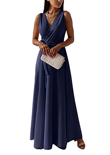 Tomwell Damen Langarm V-Ausschnitt Kleider Elegant Lang Kleid A-Linie Party Prom Dress Hochzeit Ballkleid Plissee Maxi Partykleid Cocktailkleid Brautkleid Festkleider C Dunkelblau L von Tomwell