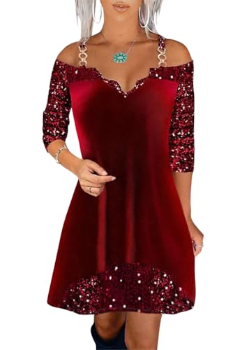 Tomwell Damen Langarm Weihnachtskleid Vintage Elegante Rockabilly Kleid Knielang Swing Cocktailkleid Abendkleider Partykleid B Rot M von Tomwell