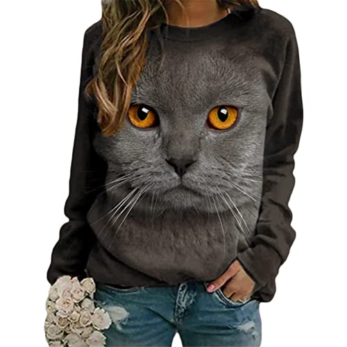 Tomwell Damen Langarmshirt Süße Katze Tier Drucken 3D Druck Katzen-Muster Gestreift Rundhals Lange Pulli Herbst Kapuzenpullover Tshirt Herbst Shirts Hemd Rundhals Pullover Y Stil-1 L von Tomwell