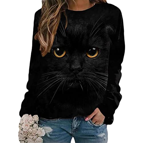 Tomwell Damen Langarmshirt Süße Katze Tier Drucken 3D Druck Katzen-Muster Gestreift Rundhals Lange Pulli Herbst Kapuzenpullover Tshirt Herbst Shirts Hemd Rundhals Pullover Y Stil-3 L von Tomwell