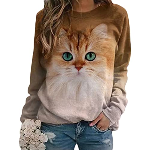 Tomwell Damen Langarmshirt Süße Katze Tier Drucken 3D Druck Katzen-Muster Gestreift Rundhals Lange Pulli Herbst Kapuzenpullover Tshirt Herbst Shirts Hemd Rundhals Pullover Y Stil-7 3XL von Tomwell