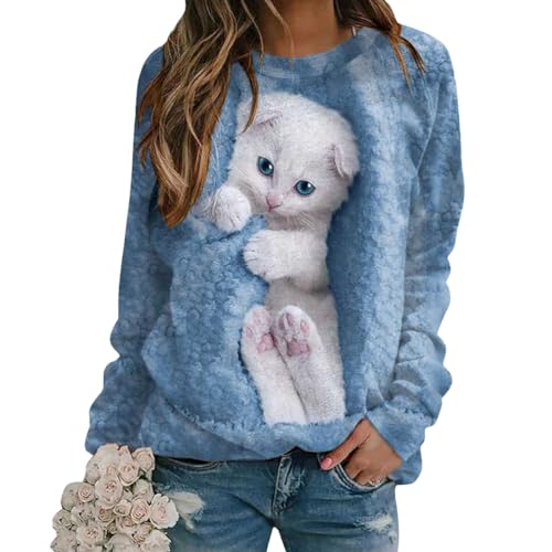 Tomwell Damen Langarmshirt Süße Katze Tier Drucken 3D Druck Katzen-Muster Gestreift Rundhals Lange Pulli Herbst Kapuzenpullover Tshirt Herbst Shirts Hemd Rundhals Pullover Z1 Blau 3XL von Tomwell