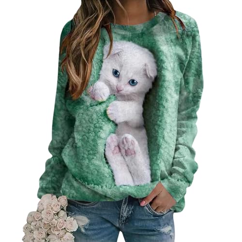 Tomwell Damen Langarmshirt Süße Katze Tier Drucken 3D Druck Katzen-Muster Gestreift Rundhals Lange Pulli Herbst Kapuzenpullover Tshirt Herbst Shirts Hemd Rundhals Pullover Z1 Grün L von Tomwell