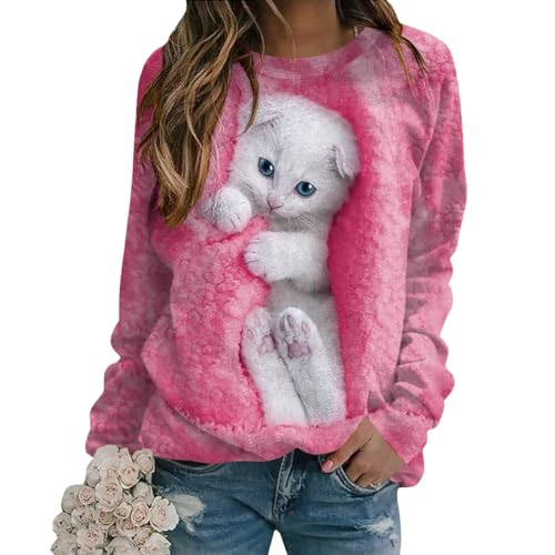 Tomwell Damen Langarmshirt Süße Katze Tier Drucken 3D Druck Katzen-Muster Gestreift Rundhals Lange Pulli Herbst Kapuzenpullover Tshirt Herbst Shirts Hemd Rundhals Pullover Z1 Rosa 3XL von Tomwell