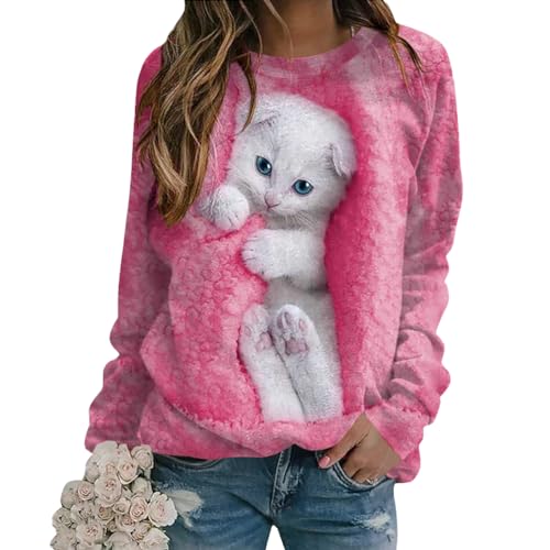 Tomwell Damen Langarmshirt Süße Katze Tier Drucken 3D Druck Katzen-Muster Gestreift Rundhals Lange Pulli Herbst Kapuzenpullover Tshirt Herbst Shirts Hemd Rundhals Pullover Z1 Rosa L von Tomwell