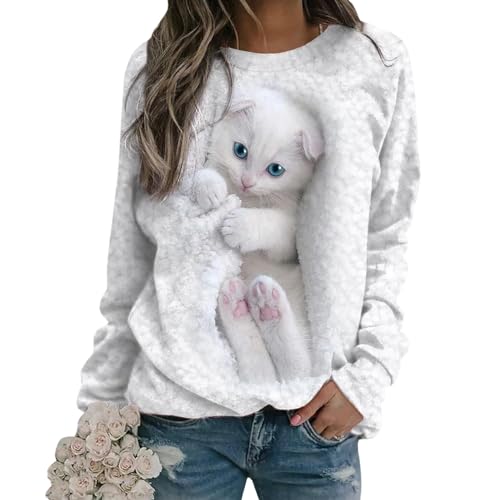 Tomwell Damen Langarmshirt Süße Katze Tier Drucken 3D Druck Katzen-Muster Gestreift Rundhals Lange Pulli Herbst Kapuzenpullover Tshirt Herbst Shirts Hemd Rundhals Pullover Z1 Weiß L von Tomwell