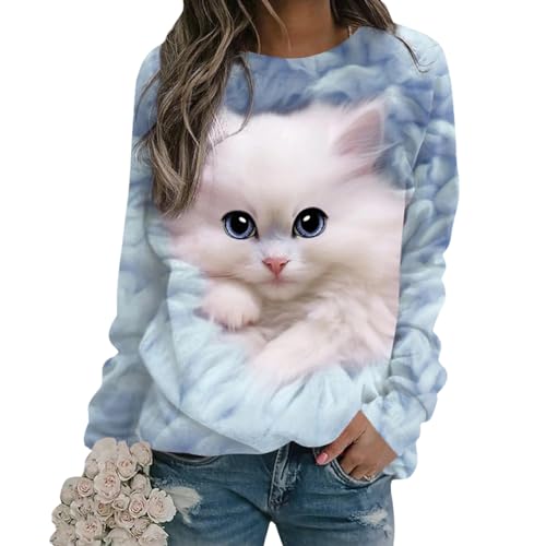 Tomwell Damen Langarmshirt Süße Katze Tier Drucken 3D Druck Katzen-Muster Gestreift Rundhals Lange Pulli Herbst Kapuzenpullover Tshirt Herbst Shirts Hemd Rundhals Pullover Z2 Blau XXL von Tomwell