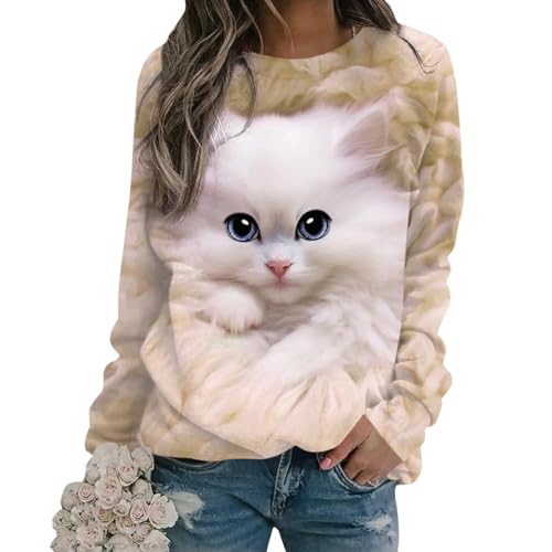 Tomwell Damen Langarmshirt Süße Katze Tier Drucken 3D Druck Katzen-Muster Gestreift Rundhals Lange Pulli Herbst Kapuzenpullover Tshirt Herbst Shirts Hemd Rundhals Pullover Z2 Gelb XXL von Tomwell