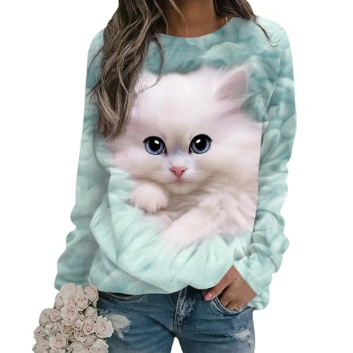 Tomwell Damen Langarmshirt Süße Katze Tier Drucken 3D Druck Katzen-Muster Gestreift Rundhals Lange Pulli Herbst Kapuzenpullover Tshirt Herbst Shirts Hemd Rundhals Pullover Z2 Grün 3XL von Tomwell