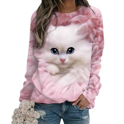 Tomwell Damen Langarmshirt Süße Katze Tier Drucken 3D Druck Katzen-Muster Gestreift Rundhals Lange Pulli Herbst Kapuzenpullover Tshirt Herbst Shirts Hemd Rundhals Pullover Z2 Rosa XL von Tomwell