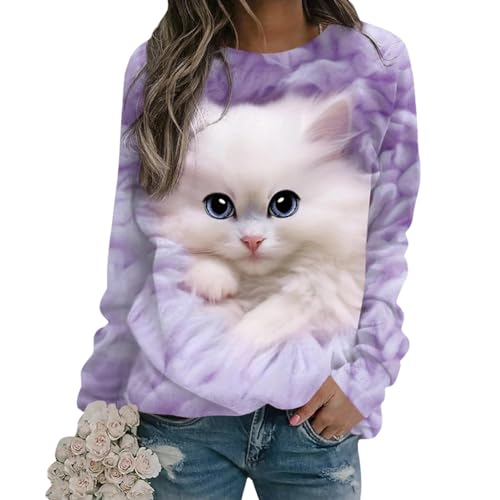 Tomwell Damen Langarmshirt Süße Katze Tier Drucken 3D Druck Katzen-Muster Gestreift Rundhals Lange Pulli Herbst Kapuzenpullover Tshirt Herbst Shirts Hemd Rundhals Pullover Z2 Violett 3XL von Tomwell