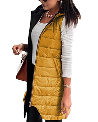 Tomwell Damen Lange Daunenweste Wintermantel Vest mit Kapuze Weste Mantel Ärmellos Kapuzenjacken Steppweste Winter Outdoor Klettern Reisen Slim Fit A Gelb XL von Tomwell