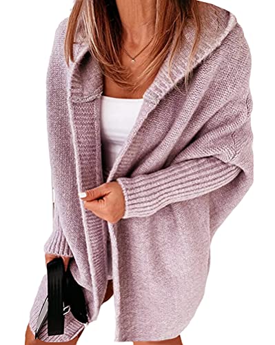 Tomwell Damen Lange Strickjacke Herbstjacke übergangsjacke Herbst Winter Kapuzenpullover mit Offenem Stich und Fledermausärmeln Strickjacke Mantel Dicke Winterjacke Violett XL von Tomwell