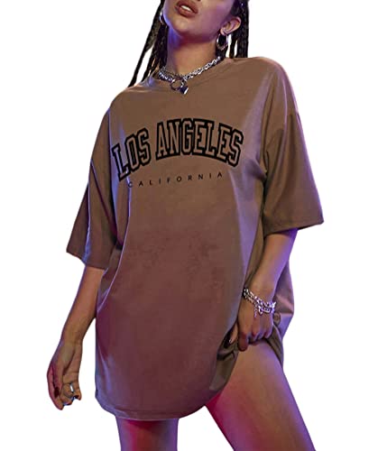 Tomwell Damen Langes T-Shirt mit Buchstaben Grafik Kurzarm Sport Sommer Rundhals Oversize Oberteile Sweatshirt Lose Bluse Tunika Lang für Teenager Mädchen Top A Braun XL von Tomwell