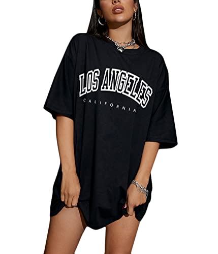 Tomwell Damen Langes T-Shirt mit Buchstaben Grafik Kurzarm Sport Oberteile Sommer Oversize Tshirt Rundhals Casual Longshirt A Schwarz L von Tomwell