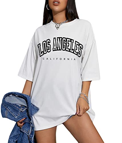 Tomwell Damen Langes T-Shirt mit Buchstaben Grafik Kurzarm Sport Sommer Rundhals Oversize Oberteile Sweatshirt Lose Bluse Tunika Lang für Teenager Mädchen Top A Weiß L von Tomwell